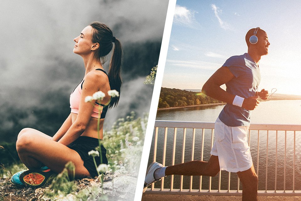 A woman meditating on the left and a man running on the right.